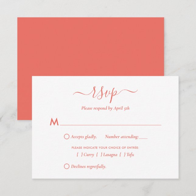 Moderne RSVP-Karten für Coral Script RSVP Karte (Vorne/Hinten)