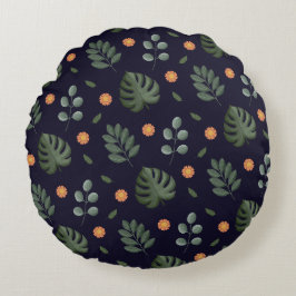 Moderne runde Kissen mit botanischem Blatt in Navy