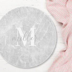 Moderne runde weiße Marmor-Monogramm-Glas Schneidebrett