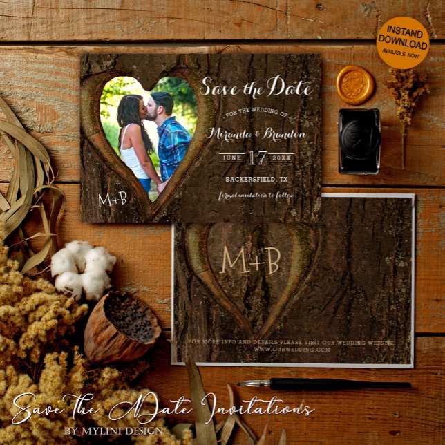 Moderne Rustikale Baumherz-Foto-Hochzeit Save The Date (Von Creator hochgeladen)