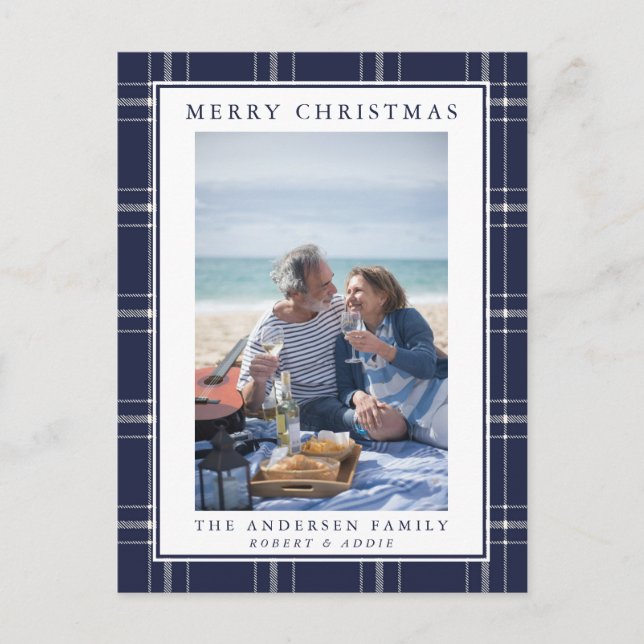Moderne rustikale Blaue Karierte Foto Weihnachtska Postkarte (Vorderseite)
