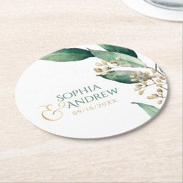 Moderne rustikale Botanische Grünpflanzen Hochzeit Runder Pappuntersetzer