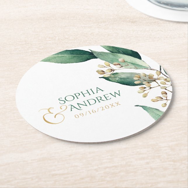 Moderne rustikale Botanische Grünpflanzen Hochzeit Runder Pappuntersetzer (Angewinkelt)