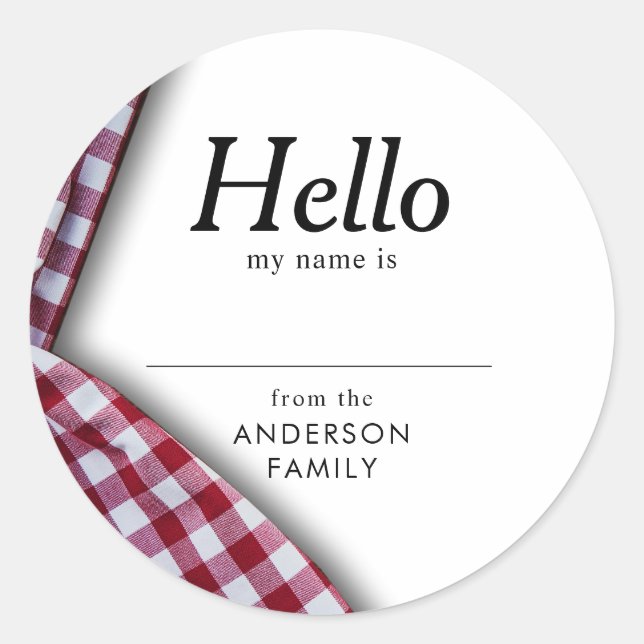 Moderne Rustikale Familie Wiedersehen Gingham Name Runder Aufkleber (Vorderseite)
