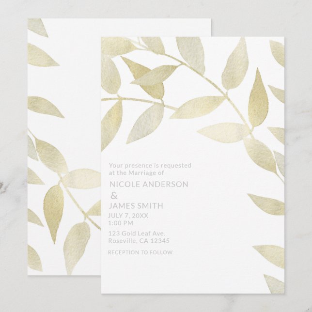 Moderne Rustikale Goldene Blätter Botanische Hochz Einladung (Vorne/Hinten)