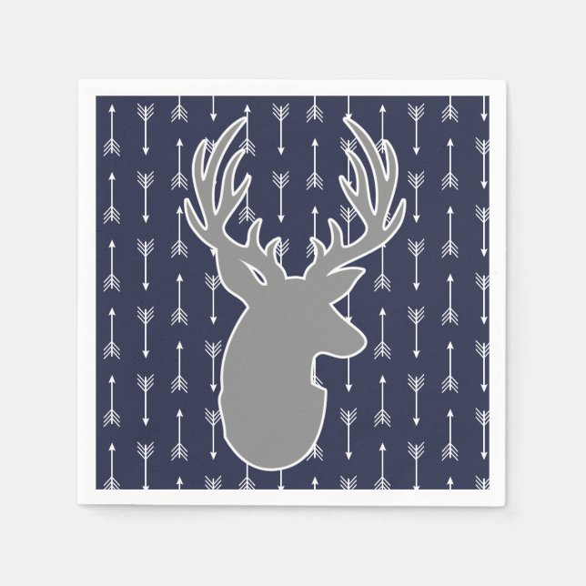 Moderne, rustikale Graue und Navy Deer & White Arr Serviette (Vorderseite)