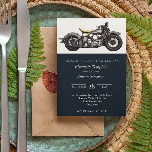 Moderne Rustikale Hochzeit der Marine mit Motorrad Einladung (Vintage Navy Motorcycle Wedding Invitation Suite.)