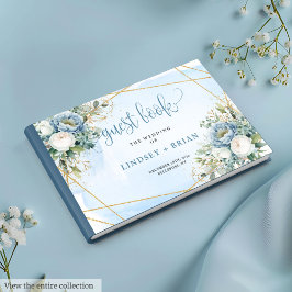 Moderne rustikale Hochzeit mit blauem weißem Gold Gästebuch