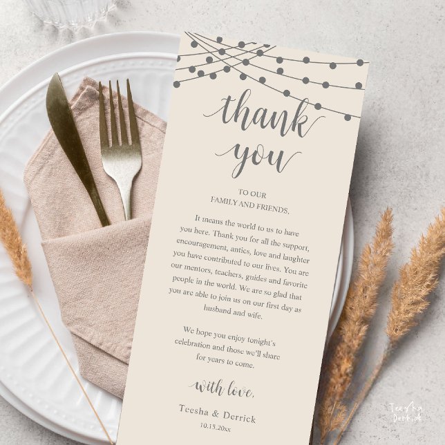 Moderne Rustikale Hochzeits-Dankeskarten für das A Programm (Modern Rustic Wedding Dinner Thank You Card Reception Reception String Lights Cream Grey)
