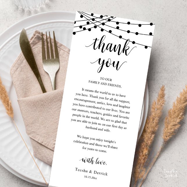 Moderne Rustikale Hochzeits-Dankeskarten für das A Programm (Modern Rustic Wedding Dinner Thank You Card, Reception string lights, Black and White)