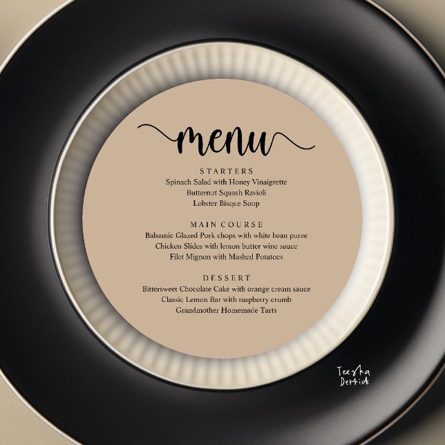 Moderne Rustikale, Hochzeits-Rund-Dinner Menükarte (Modern Rustic, Wedding Elopement Round Dinner Menu Card in Brown Tan)