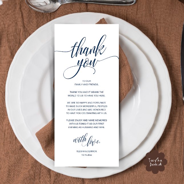 Moderne rustikale Hochzeitsempfehlung Danke Karte (Modern Romantic Wedding Reception Dinner Thank You Card in Navy Blue)