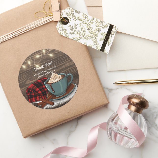 Moderne rustikale Hot Cocoa Cosy Babydusche Runder Aufkleber (Schenken)