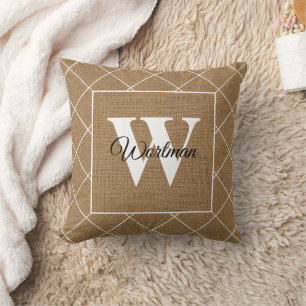 Moderne rustikale Imitat Burlap White Monogram Kissen