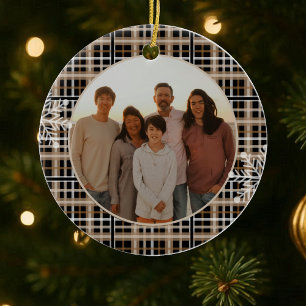 Moderne Rustikale Karo-Schneeflocken-Foto Keramik Ornament