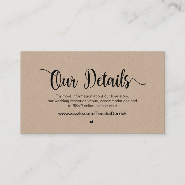 Moderne rustikale Kraft, Hochzeitsdetails Begleitkarte (Vorderseite)