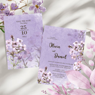 Moderne Rustikale Lila Blumen Hochzeit  Einladung
