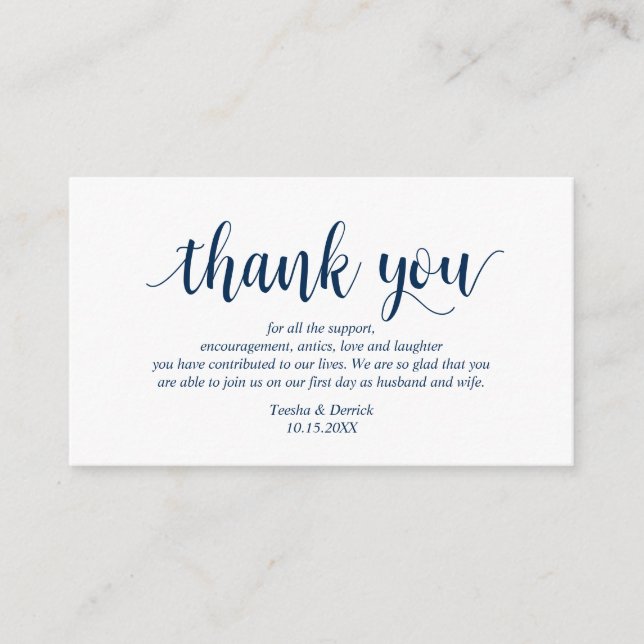 Moderne rustikale Navy Blue Script, Wedding Danke Begleitkarte (Vorderseite)