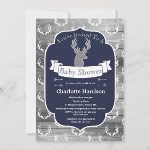 Moderne Rustikale Navy Deer & Gray Wood Baby Dusch Einladung