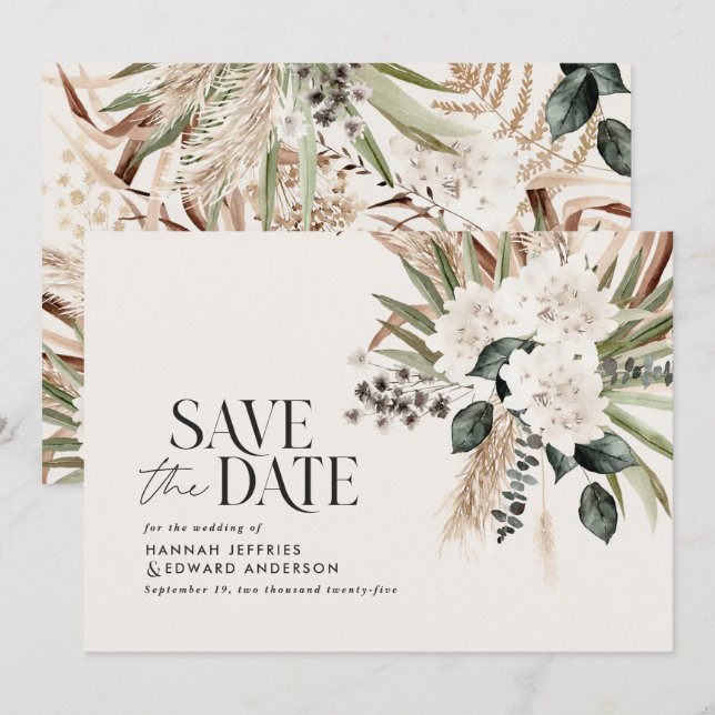 Moderne rustikale Pampas eucalyptus botanisch eleg Save The Date (Vorne/Hinten)
