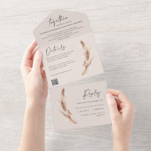 moderne rustikale Pampas eucalyptus Hochzeit QR Co All In One Einladung