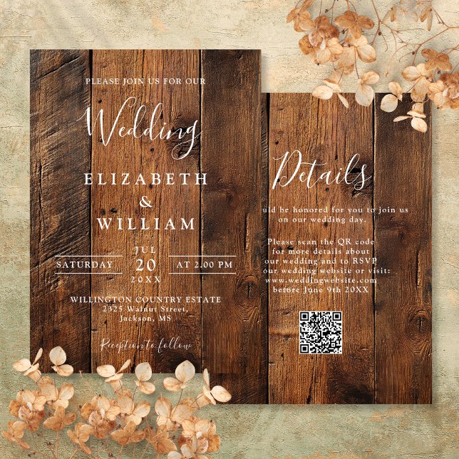 Moderne Rustikale Scheunenholz Hochzeit QR Code Einladung (Modern Rustic Barn Wood Wedding QR Code Invitation)