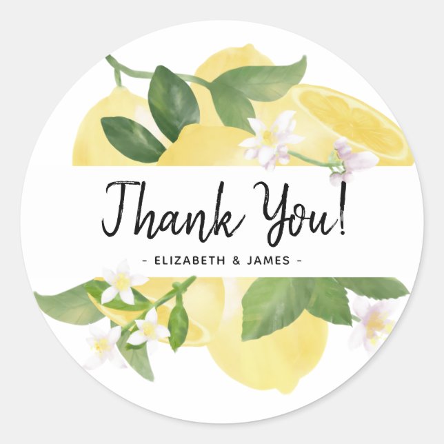 Moderne rustikale Schrift Danke Watercolor Lemon Runder Aufkleber (Vorderseite)