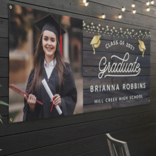 Moderne rustikale Schrift Gold-Abschlussfoto Holz Banner