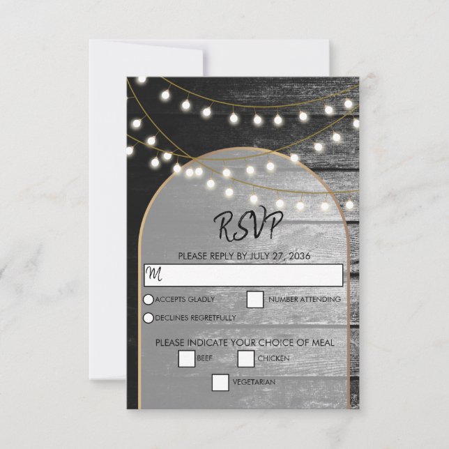 Moderne Rustikale Schwarz-Holz Gold Lights Arch We RSVP Karte (Vorderseite)