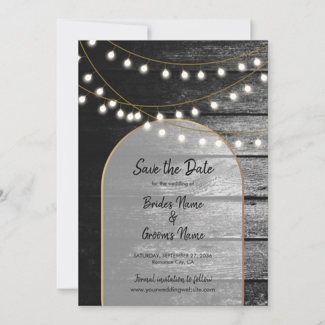 Moderne Rustikale Schwarz-Holz Gold Lights Arch We Save The Date (Vorderseite)