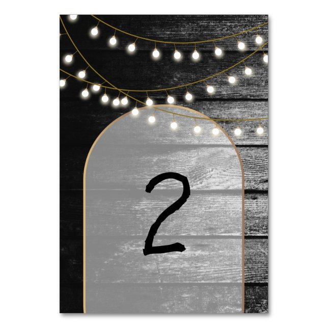 Moderne Rustikale Schwarz-Holz Gold Lights Arch We Tischnummer (Vorderseite)