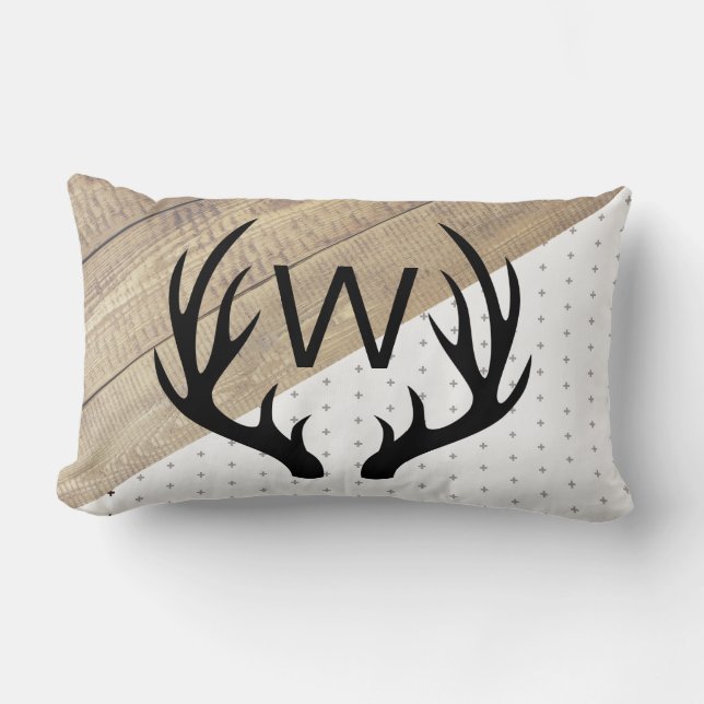 Moderne Rustikale Schwarze Antler und Holzmuster Lendenkissen (Vorderseite)