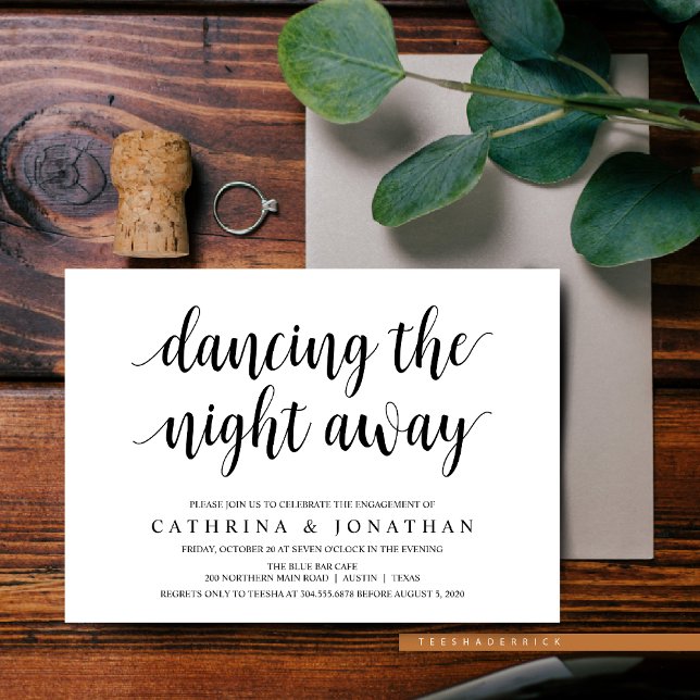 Moderne rustikale, schwarze Schrift, Engagement Pa Einladung (Dancing The Night Away, Modern Rustic, Engagement Dinner and Party Invitation Cards)