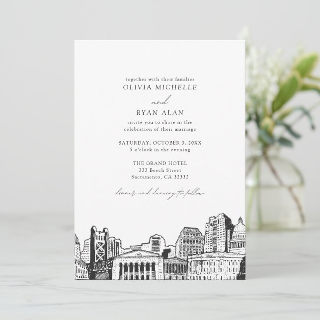 Moderne Sacramento Skyline Black & White Wedding Einladung (Stehend Vorderseite)