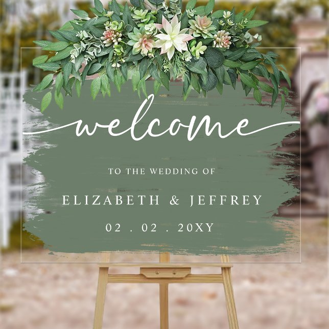Moderne Sage Brush Strokes Wedding Willkommen Acrylschild (Modern Sage Brush Strokes Wedding Welcome Acrylic Sign)