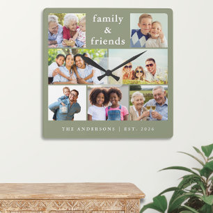 Moderne Sage Green 7 Foto Collage Benutzerdefinier Quadratische Wanduhr