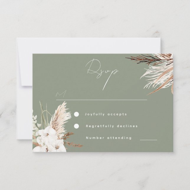 Moderne Sage Green Boho White Floral Hochzeit RSVP Karte (Vorderseite)