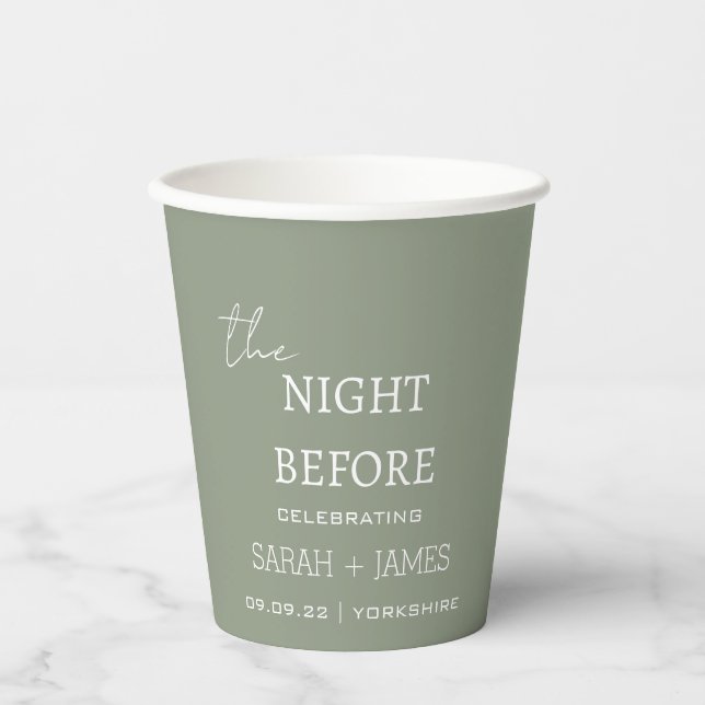 Moderne Sage Green die Nacht vor der Hochzeit Pappbecher (Vorderseite)