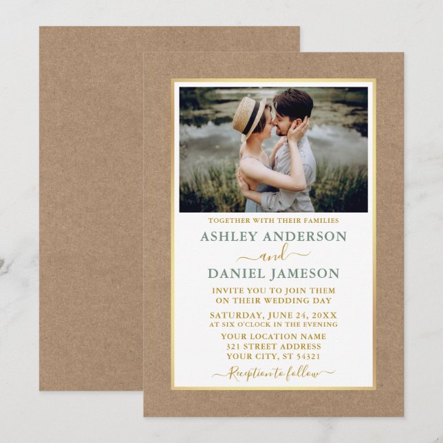 Moderne Sage Green Gold Kraft Hochzeit Einladung (Vorne/Hinten)