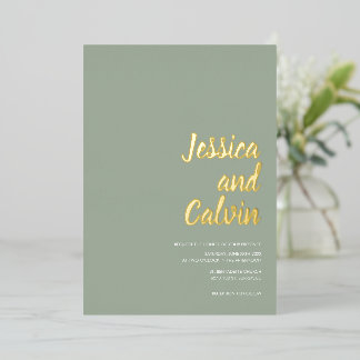 Moderne Sage Green Gold Text Hochzeit Einladung