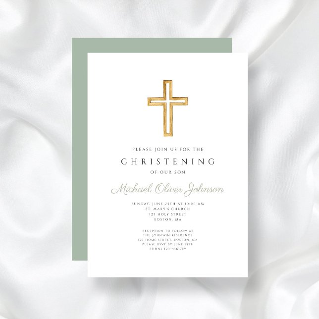 Moderne Sage Green Religious Cross Christening Einladung (Modern Sage Green Religious Cross Christening Invitation)