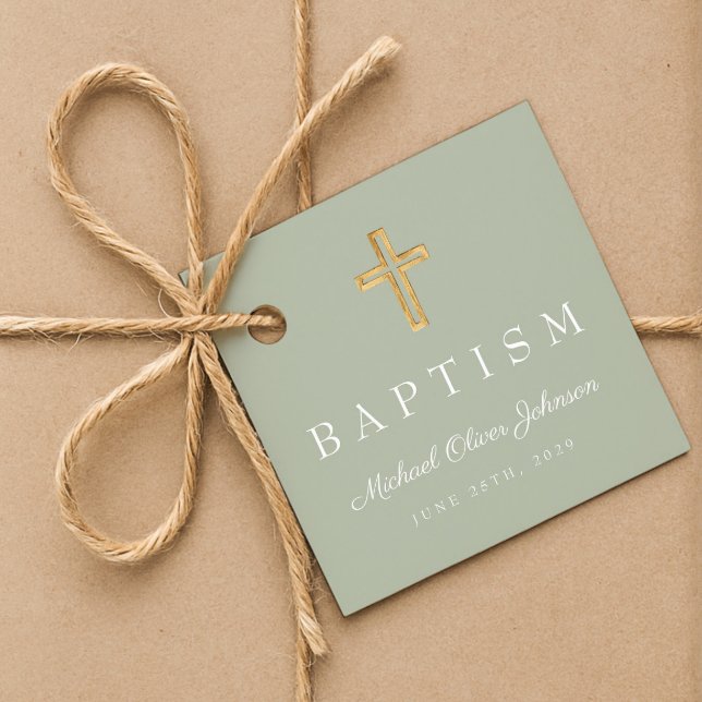Moderne Sage Green Religious Cross Script-Taufe Geschenkanhänger (Modern Sage Green Religious Cross Script Baptism Favor Tags)