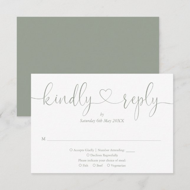 Moderne Sage Green Script Herzlichkeit Antwort (Vorne/Hinten)
