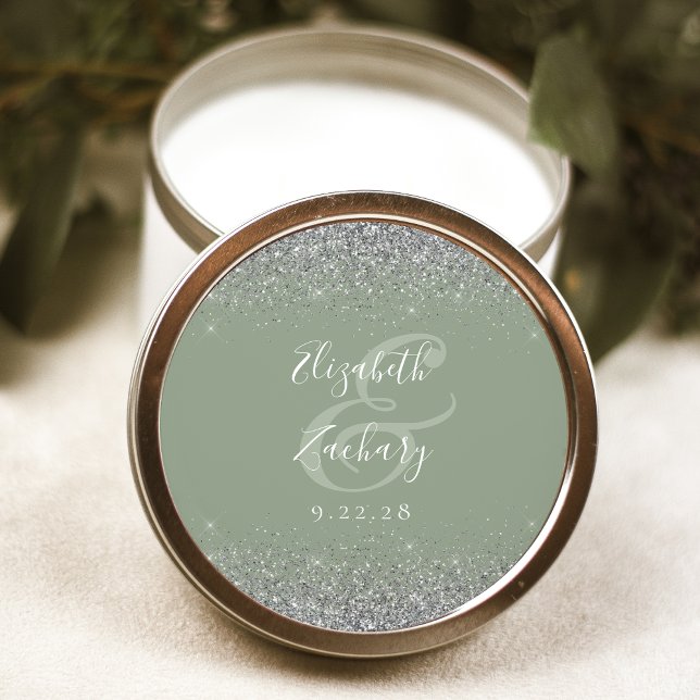 Moderne Sage Green Silver Glitzer Edge Wedding Runder Aufkleber (Von Creator hochgeladen)