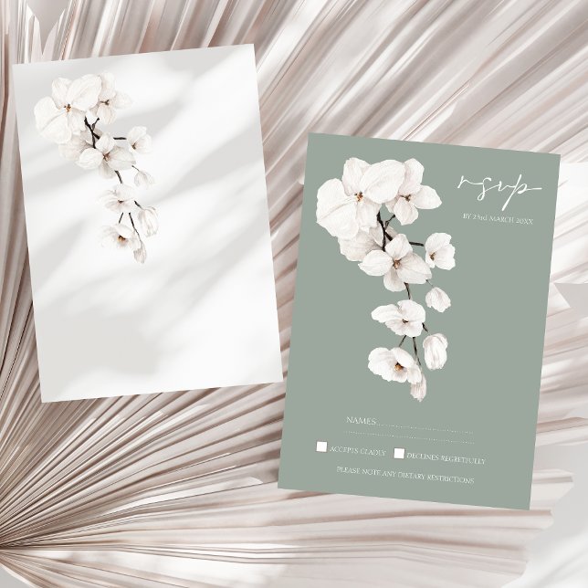 Moderne Sage Green White Orchid Wedding RSVP (Modern Sage Green White Orchids Wedding RSVP Cards)