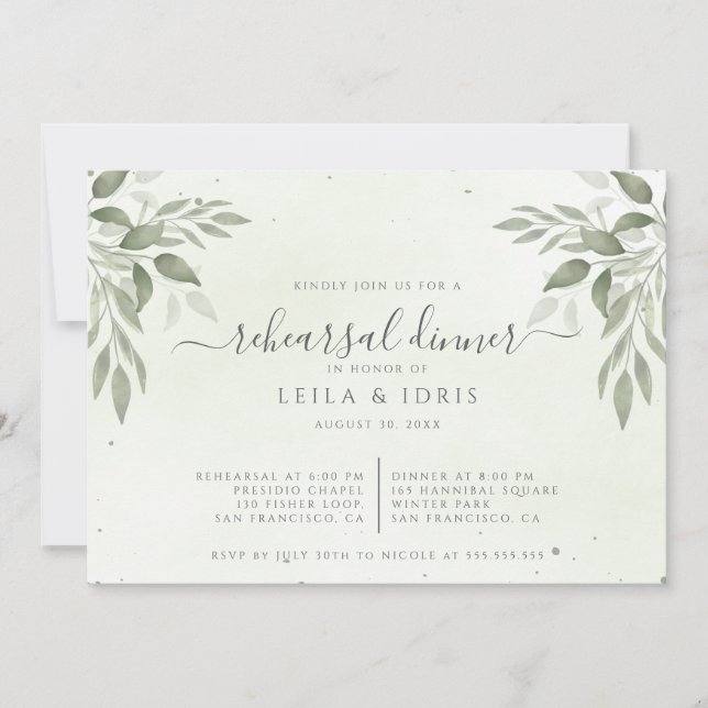 Moderne Sage Greenery Probe Dinner Einladung (Vorderseite)