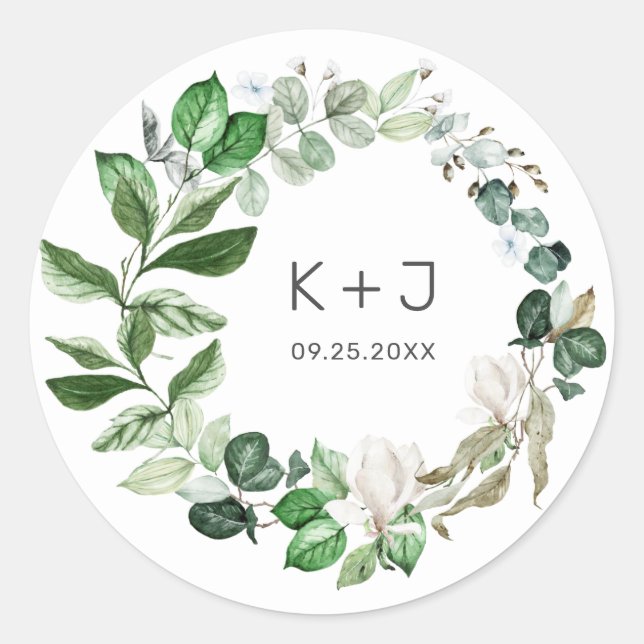 Moderne Sage Greenery Wreath White Floral Wedding  Runder Aufkleber (Vorderseite)
