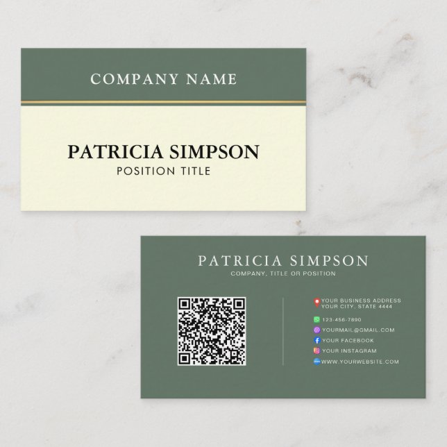 Moderne Sage-Grün und Beige-Creme QR-Code-Vorlage Visitenkarte (Vorne/Hinten)