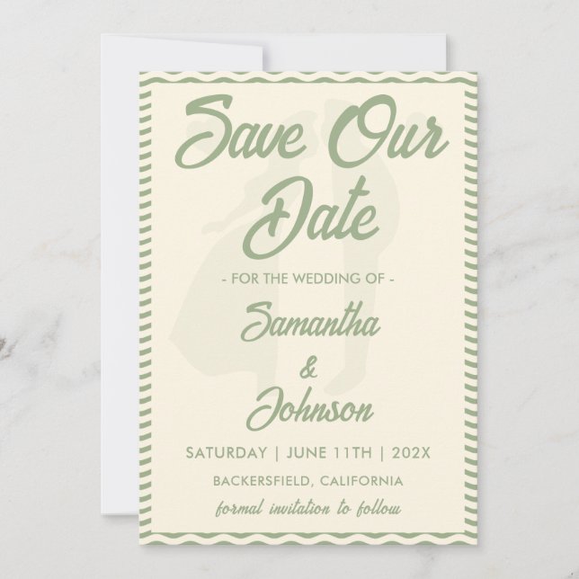 Moderne Sage-Grün-Wellige-Streifen-Foto-Hochzeit Save The Date (Vorderseite)