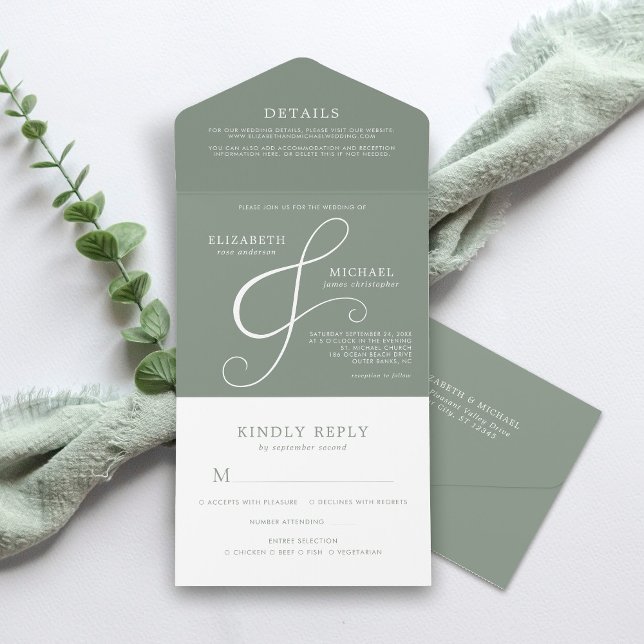 Moderne Sage Grüne Ampere und Minimale Hochzeit All In One Einladung (Von Creator hochgeladen)